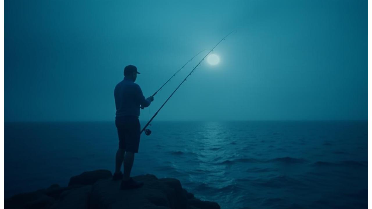 大海原でロッドを振る釣り人のシルエット