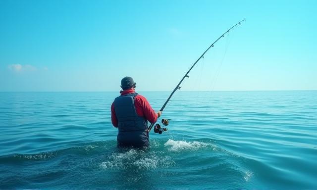 海で釣りを楽しむ人と高品質な釣具のイメージ写真
